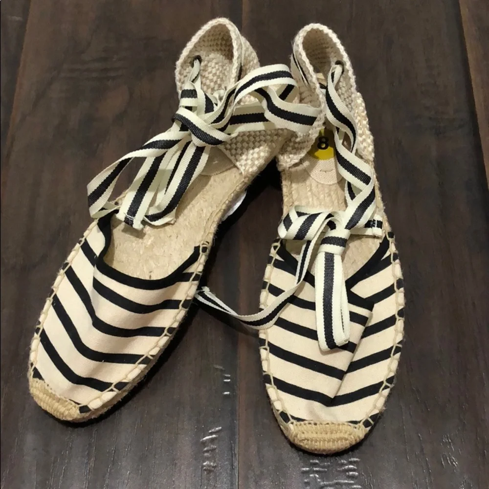 Soludos Black and Natural Striped Lace-Up Espadrilles